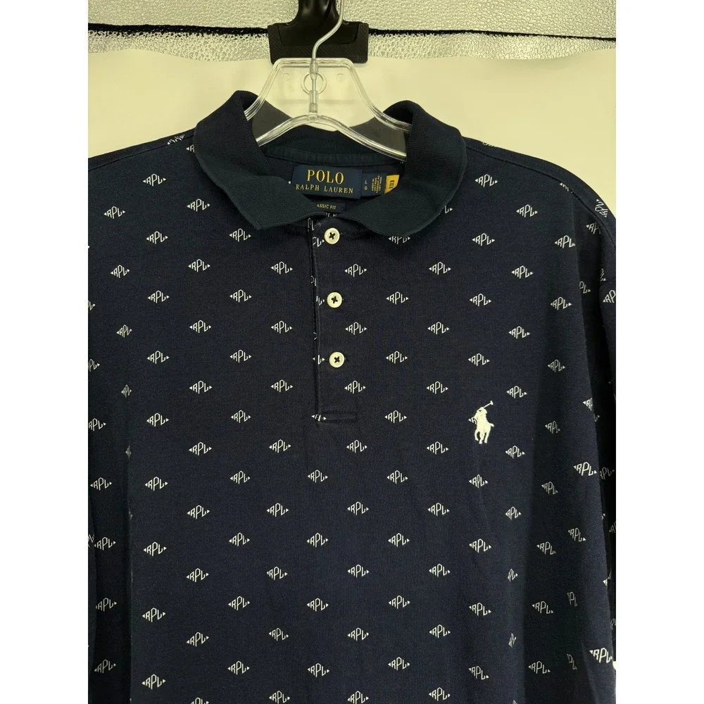 Polo Ralph Lauren Polo Shirt Large Navy All Over Print AOP Graphic Short Sleeve